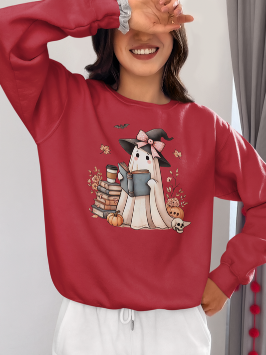 Spooky Reading Ghost Crewneck Cherry Red